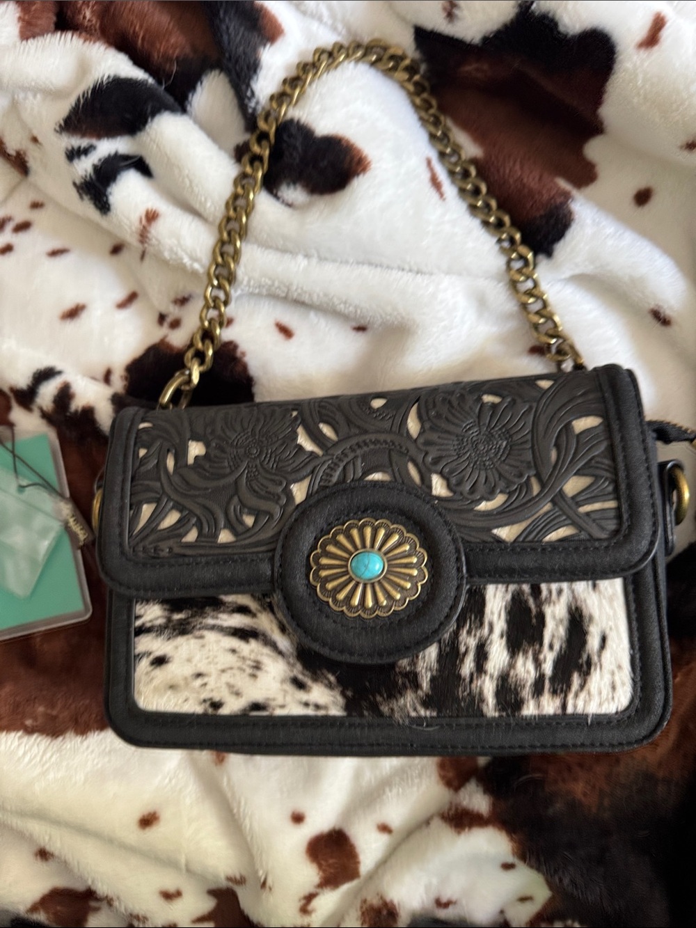 Black Floral Tooled Shoulder Bag with Turquoise Concho